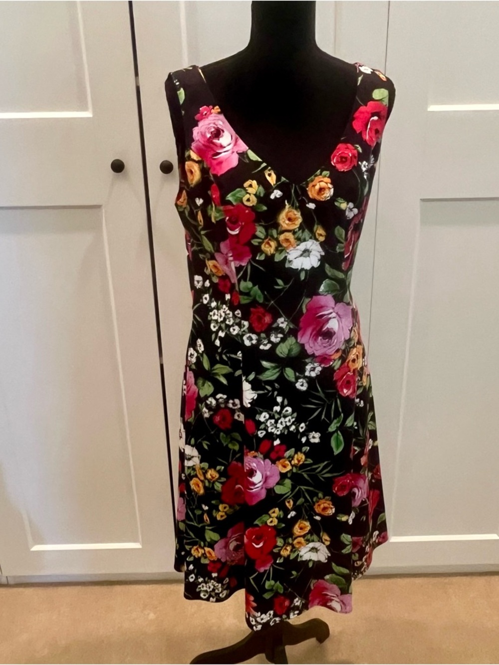 Lily Black Midi Dress with Pink, Red, Yellow & White Floral Print EUC Size Large